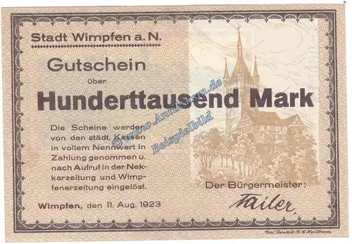 Wimpfen a.N. Banknote 100.000 Mark Schein in kfr. Keller 5642.a , Hessen 1923 Grossnotgeld - Inflation