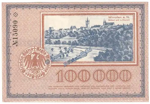 Wimpfen a.N. Banknote 100.000 Mark Schein in kfr. Keller 5642.a , Hessen 1923 Grossnotgeld - Inflation