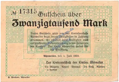 Ahrweiler , Banknote 20.000 Mark Schein in gbr. Keller 20.a , Rheinland 1923 Grossnotgeld - Inflation