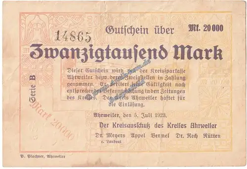 Ahrweiler , Banknote 20.000 Mark Schein in gbr. Keller 20.a , Rheinland 1923 Grossnotgeld - Inflation