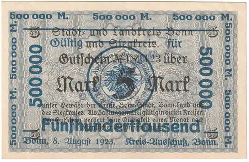 Bonn , Banknote 500.000 Mark Schein in L-gbr. Keller 520.i. Rheinland 1923 Grossnotgeld Inflation
