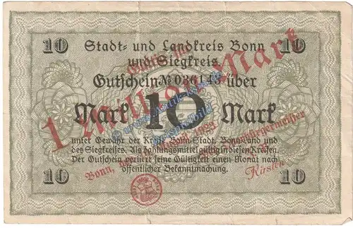 Bonn , Banknote 1 Million Mark Schein in gbr. Keller 520.c-h , Rheinland 1923 Grossnotgeld Inflation