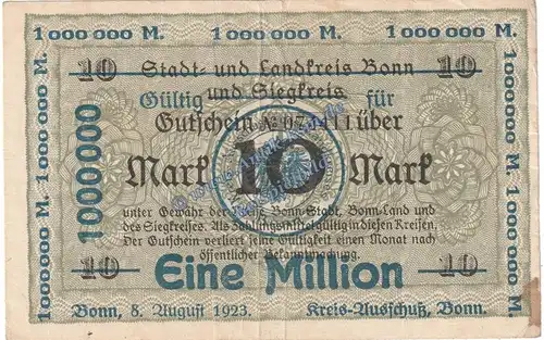 Bonn , Banknote 1 Million Mark Schein in gbr. Keller 520... Rheinland 1923 Grossnotgeld Inflation