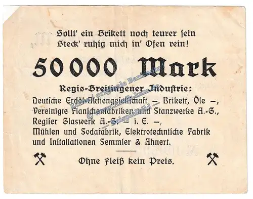 Regis Breitingen , Banknote 50.000 Mark Schein in gbr. Keller 4479.e , Sachsen 1923 Grossnotgeld - Inflation