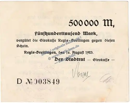 Regis Breitingen , Banknote 500.000 Mark Schein in gbr. Keller 4479.e , Sachsen 1923 Grossnotgeld - Inflation