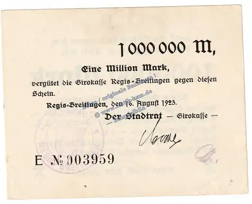 Regis Breitingen , Banknote 1 Million Mark Schein in gbr. Keller 4479.e , Sachsen 1923 Grossnotgeld - Inflation