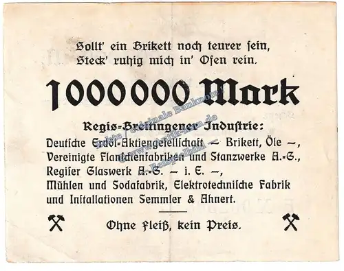 Regis Breitingen , Banknote 1 Million Mark Schein in gbr. Keller 4479.e , Sachsen 1923 Grossnotgeld - Inflation