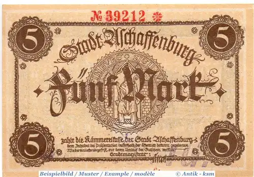 Banknote Aschaffenburg , 5 Mark Schein in kfr. E , Geiger 022.01 , o.D. Bayern Großnotgeld