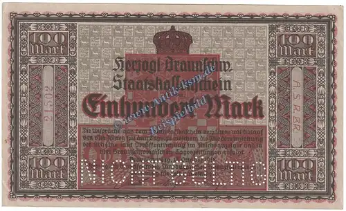Braunschweig , Banknote 100 Mark Schein in kfr.E , Geiger 059.06... Niedersachsen 1918 Grossnotgeld