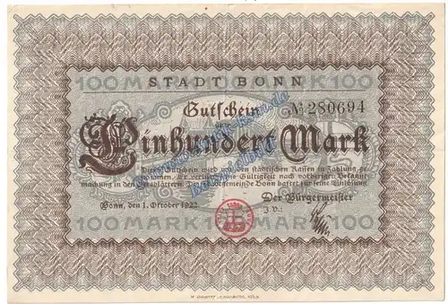 Bonn , Banknote 100 Mark Schein in L-gbr. Müller 460.1 , Westfalen 1922 Grossnotgeld