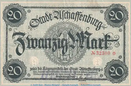 Notgeld Stadt Aschaffenburg , 20 Mark Schein in gbr.E , Geiger 022.03 o.D. Bayern Grossnotgeld