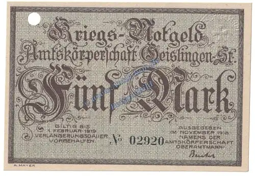 Geislingen , Banknote 5 Mark Schein in kfr.E , Geiger 170.01 , Württemberg 1918 Grossnotgeld