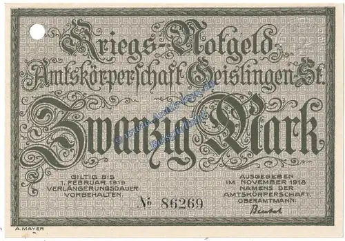 Geislingen , Banknote 20 Mark Schein in kfr.E , Geiger 170.02 , Württemberg 1918 Grossnotgeld