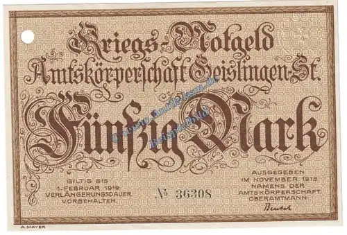 Geislingen , Banknote 50 Mark Schein in kfr.E , Geiger 170.03 , Württemberg 1918 Grossnotgeld