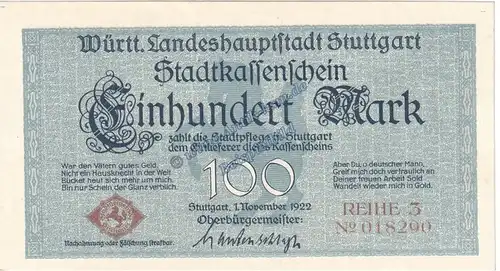 Stuttgart , Banknote 100 Mark Schein in kfr. Müller 4670.4.a , Württemberg 1922 Grossnotgeld