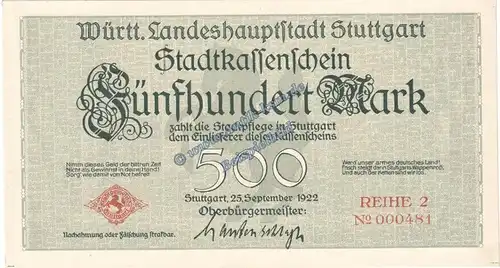Stuttgart , Banknote 500 Mark Schein -grün- in kfr. Müller 4670.2.a , Württemberg 1922 Grossnotgeld