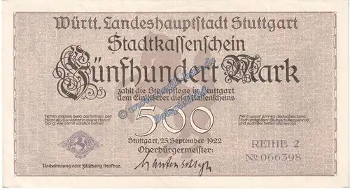 Stuttgart , Banknote 500 Mark Schein -braun- in kfr. Müller 4670.3.a , Württemberg 1922 Grossnotgeld