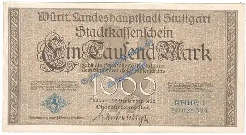 Stuttgart , Banknote 1.000 Mark Schein in kfr. Müller 4670.1.c , Württemberg 1922 Grossnotgeld