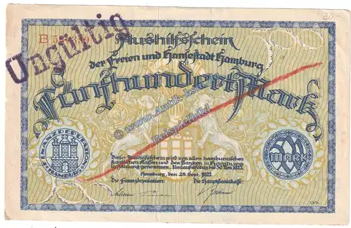Hamburg , Banknote 500 Mark Schein in gbr.E , Müller 1975.2 , Hamburg 1922 Grossnotgeld