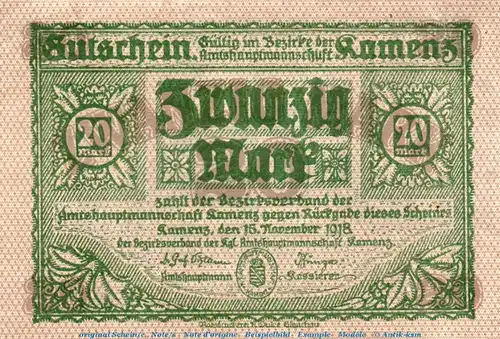 Kamenz , Banknote 20 Mark Schein in kfr.E , Geiger 262.02... Sachsen 1918 Grossnotgeld