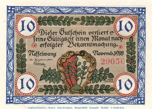Banknote Marktgemeinde Nesselwang , 10 Mark Schein in kfr. Geiger 370.09 , von 1918 , Bayern Großnotgeld
