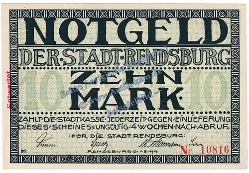 Rendsburg , Banknote 10 Mark Schein in kfr.E , Geiger 447.04 , Schleswig 1919 Grossnotgeld