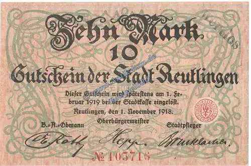 Reutlingen , Banknote 10 Mark Schein in kfr.E , Geiger 448.02 , Württemberg 1918 Grossnotgeld