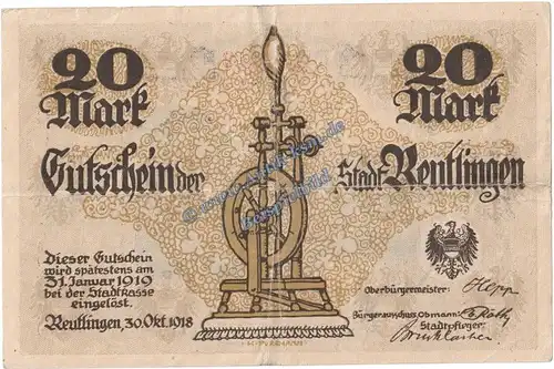 Reutlingen , Banknote 20 Mark Schein in gbr.E , Geiger 448.01 , Württemberg 1918 Grossnotgeld