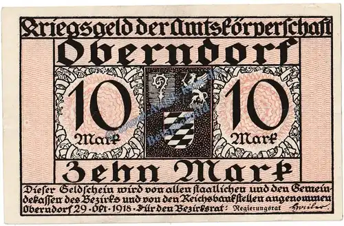 Oberndorf , Banknote 10 Mark Schein in gbr. Geiger 391.02 , Württemberg 1918 Grossnotgeld