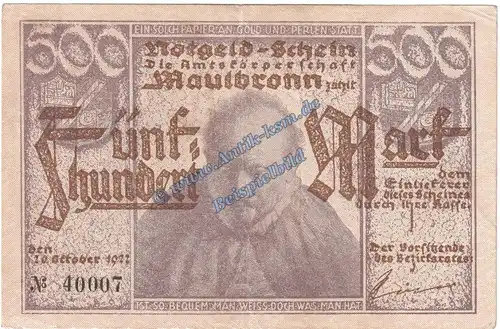 Maulbronn , Banknote 500 Mark Schein in L-gbr. Müller 2900.1 , Württemberg 1922 Grossnotgeld