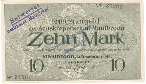 Maulbronn , Banknote 10 Mark Schein in kfr.E , Geiger 352.02.a , Württemberg 1918 Grossnotgeld