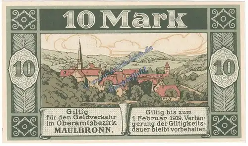 Maulbronn , Banknote 10 Mark Schein in kfr.E , Geiger 352.02.a , Württemberg 1918 Grossnotgeld