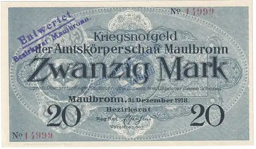 Maulbronn , Banknote 20 Mark Schein in kfr.E , Geiger 352.03 , Württemberg 1918 Grossnotgeld