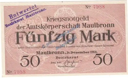 Maulbronn , Banknote 50 Mark Schein in kfr.E , Geiger 352.04 , Württemberg 1918 Grossnotgeld