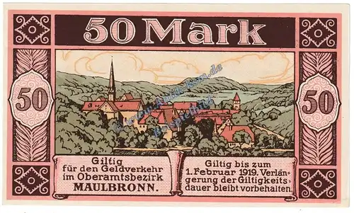 Maulbronn , Banknote 50 Mark Schein in kfr.E , Geiger 352.04 , Württemberg 1918 Grossnotgeld