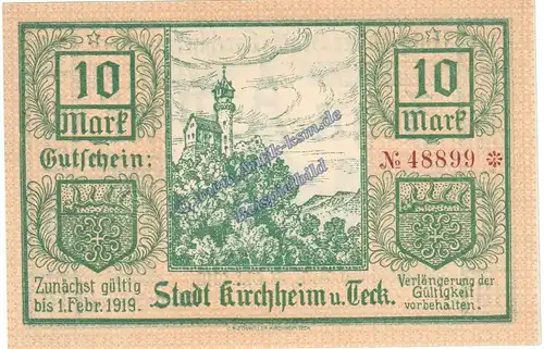 Kirchheim + Teck , Banknote 10 Mark Schein in kfr. Geiger 271.02 , Württemberg 1918 Grossnotgeld