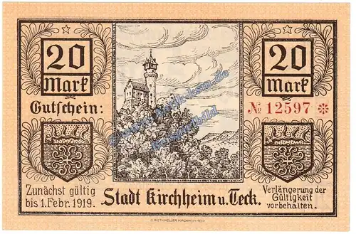 Kirchheim + Teck , Banknote 20 Mark Schein in kfr. Geiger 271.03 , Württemberg 1918 Grossnotgeld