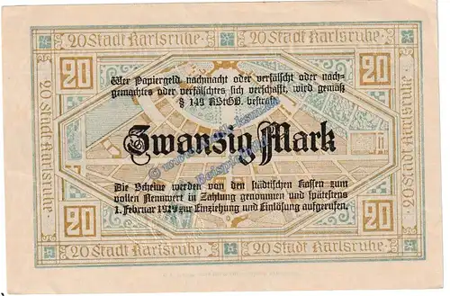 Karlsruhe , Banknote 20 Mark Schein in kfr.E , Geiger 263.04 , Baden 1918 Grossnotgeld