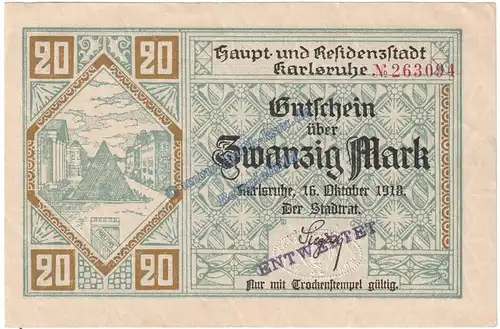 Karlsruhe , Banknote 20 Mark Schein in kfr.E , Geiger 263.04 , Baden 1918 Grossnotgeld