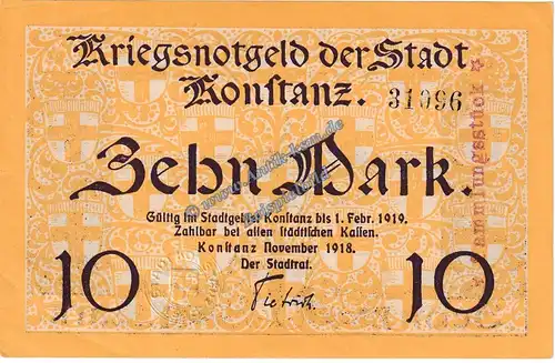 Konstanz , Banknote 10 Mark Schein in kfr.E , Geiger 292.02 , Baden 1918 Grossnotgeld