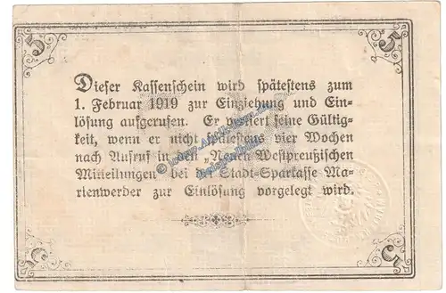 Marienwerder , Banknote 5 Mark Schein in gbr. Geiger 350.02 , Westpreussen 1918 Grossnotgeld