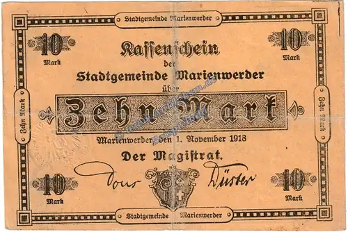 Marienwerder , Banknote 10 Mark Schein in gbr. Geiger 350.03 , Westpreussen 1918 Grossnotgeld