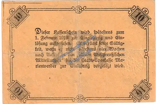 Marienwerder , Banknote 10 Mark Schein in gbr. Geiger 350.03 , Westpreussen 1918 Grossnotgeld