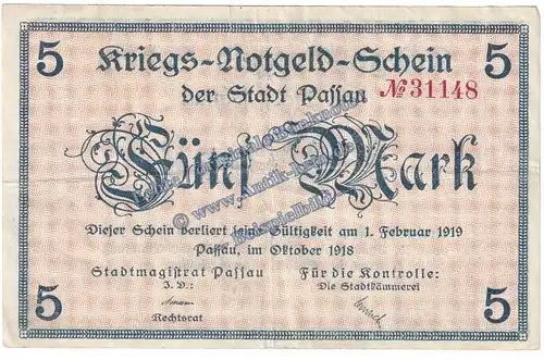 Passau , Banknote 5 Mark Schein in gbr. Geiger 409.01 , Bayern 1918 Grossnotgeld