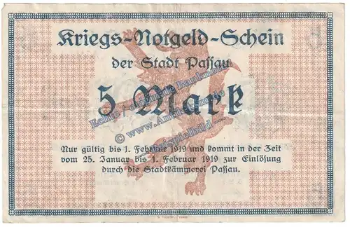 Passau , Banknote 5 Mark Schein in gbr. Geiger 409.01 , Bayern 1918 Grossnotgeld