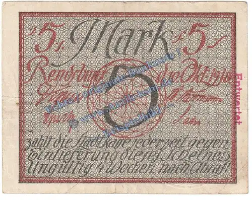 Rendsburg , Banknote 5 Mark Schein in gbr.E , Geiger 447.01 , Schleswig 1918 Grossnotgeld