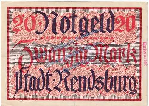 Rendsburg , Banknote 20 Mark Schein in gbr.E , Geiger 447.03 , Schleswig 1918 Grossnotgeld