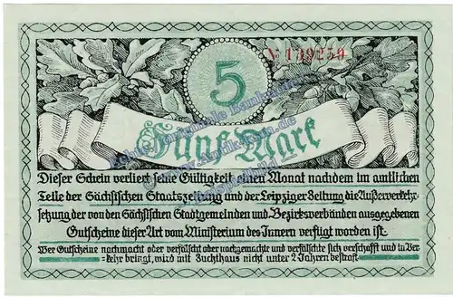 Rochlitz , Banknote 5 Mark Schein in kfr. Geiger 451.01 , Sachsen 1918 Grossnotgeld