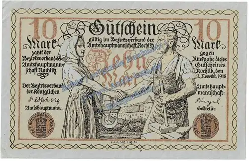 Rochlitz , Banknote 10 Mark Schein in kfr. Geiger 451.03 , Sachsen 1918 Grossnotgeld