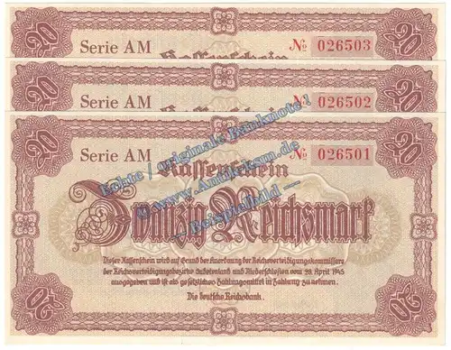 Banknote , 20 Reichsmark -3 x fortl. KN- in kfr. DEU-262, Ros.186, P.187 , 3.Reich 1945 Notausgabe